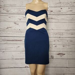 Lucca Couture Navy & Cream Chevron Strapless Dress - Medium -Gold Exposed Zipper